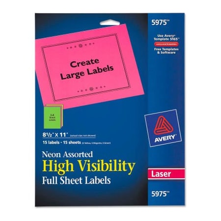 Avery Avery High-Visibility Laser Labels, 8-1/2 x 11, Assorted Neons, 15/Pack 5975